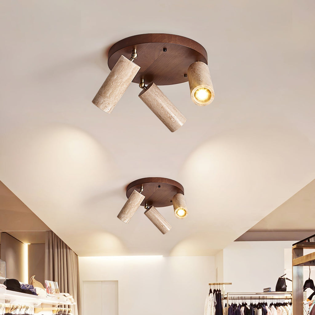 Three Spotlight Ceiling Light Travertine and Wood 11.8 in Set of 2