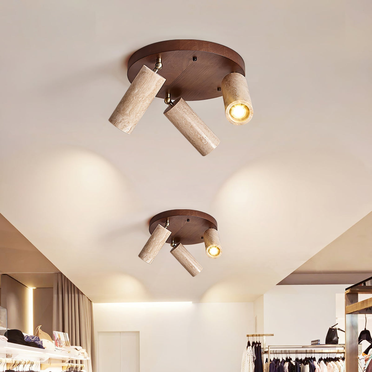 Three Spotlight Ceiling Light Travertine and Wood 11.8 in Set of 2