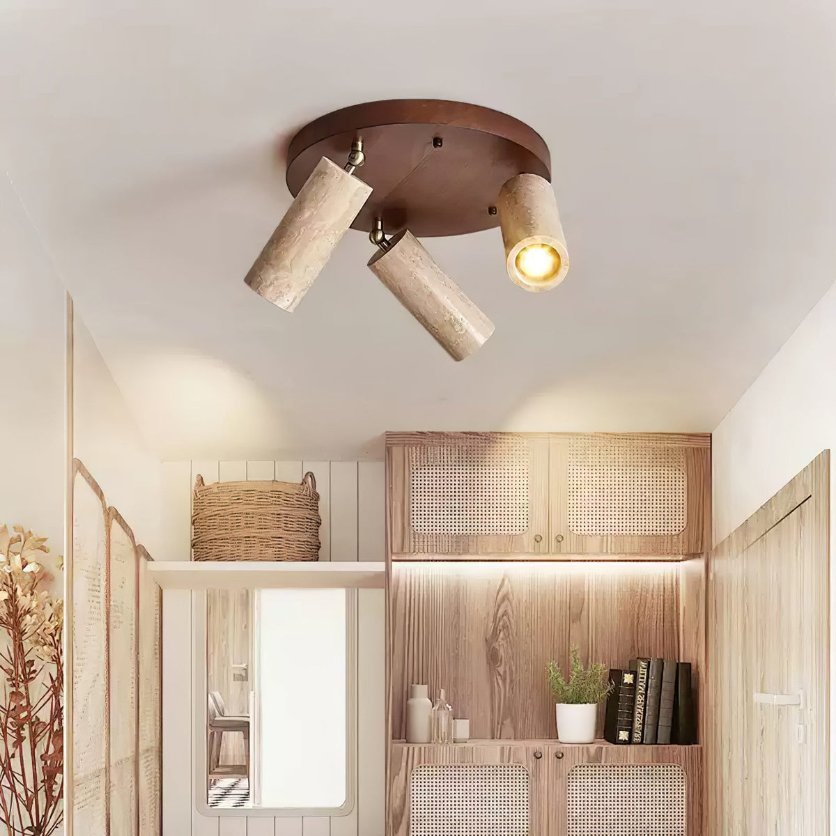 Three Spotlight Ceiling Light Travertine and Wood 11.8 in Set of 2
