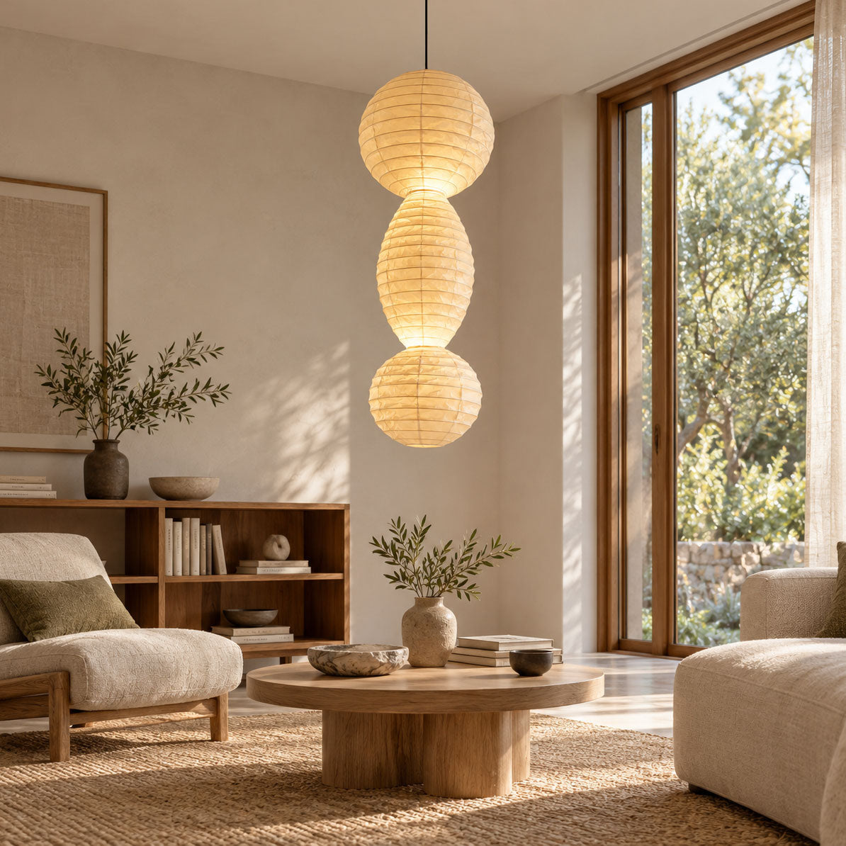 Three Tier Paper Lantern Pendant Bamboo Rings 44.9 in Set of 2