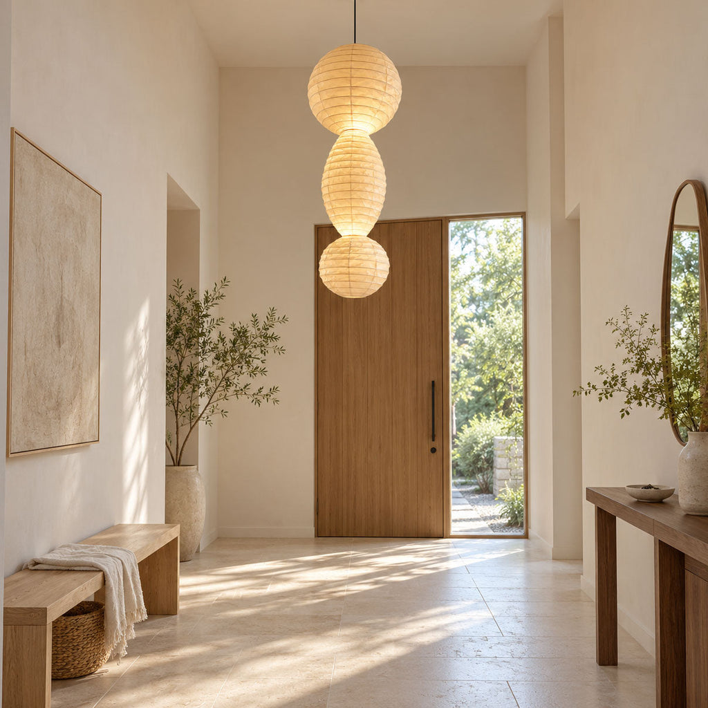 Three Tier Paper Lantern Pendant Bamboo Rings 44.9 in Set of 2