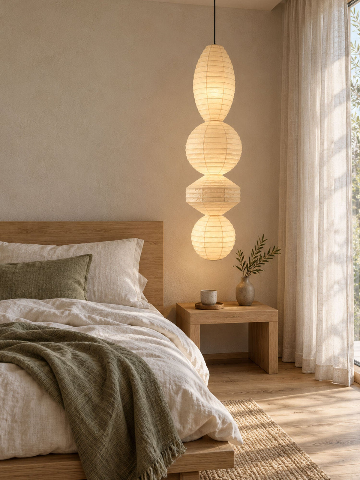 Three Tier Paper Lantern Pendant Bamboo Rings 44.9 in Set of 2