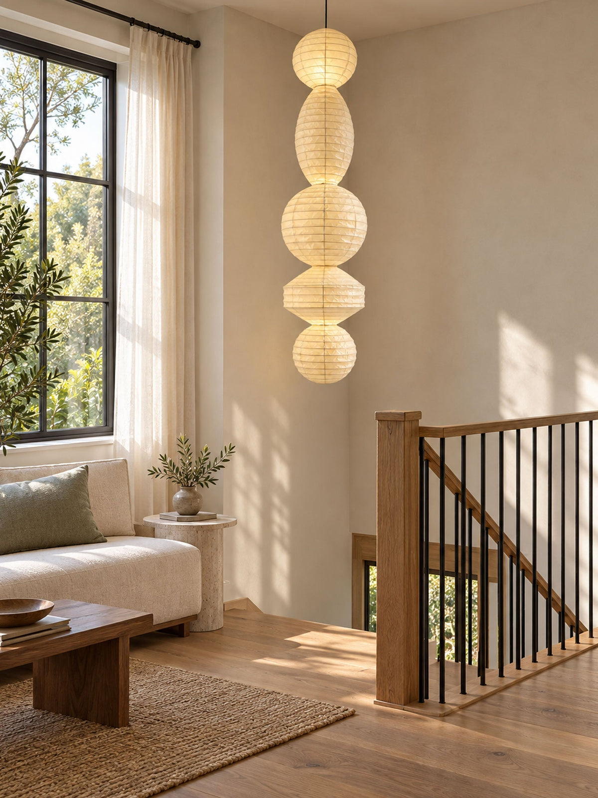 Three Tier Paper Lantern Pendant Bamboo Rings 44.9 in Set of 2