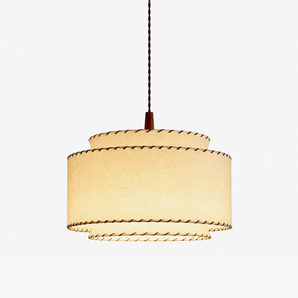 Tiered Linen Look Fabric Pendant Light Wood Canopy 15.7 in Set of 2