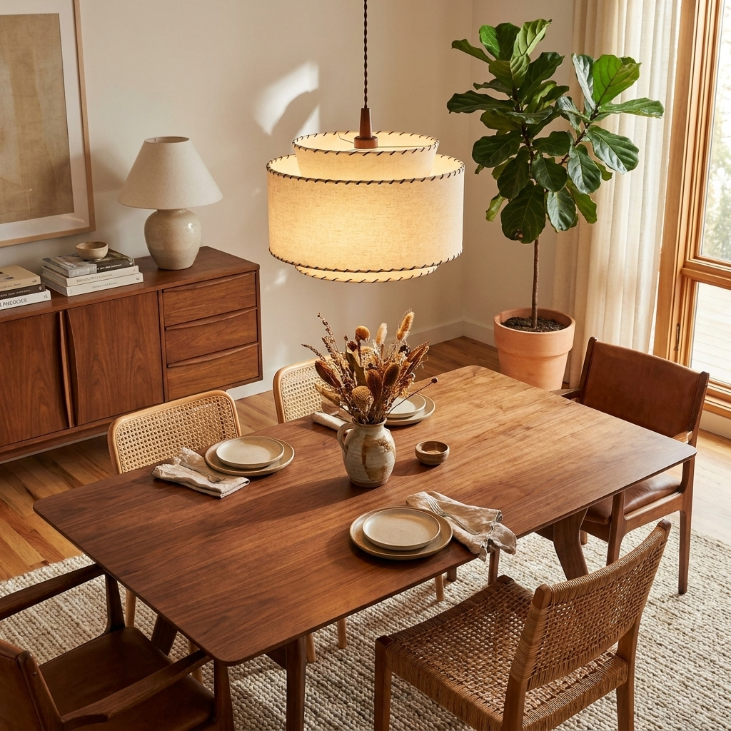Tiered Linen Look Fabric Pendant Light Wood Canopy 15.7 in Set of 2