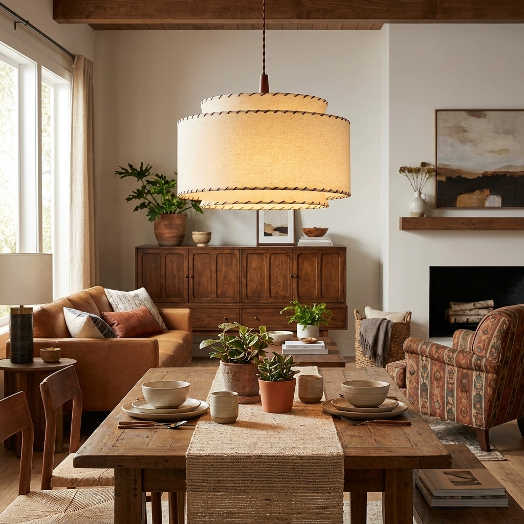 Tiered Linen Look Fabric Pendant Light Wood Canopy 15.7 in Set of 2