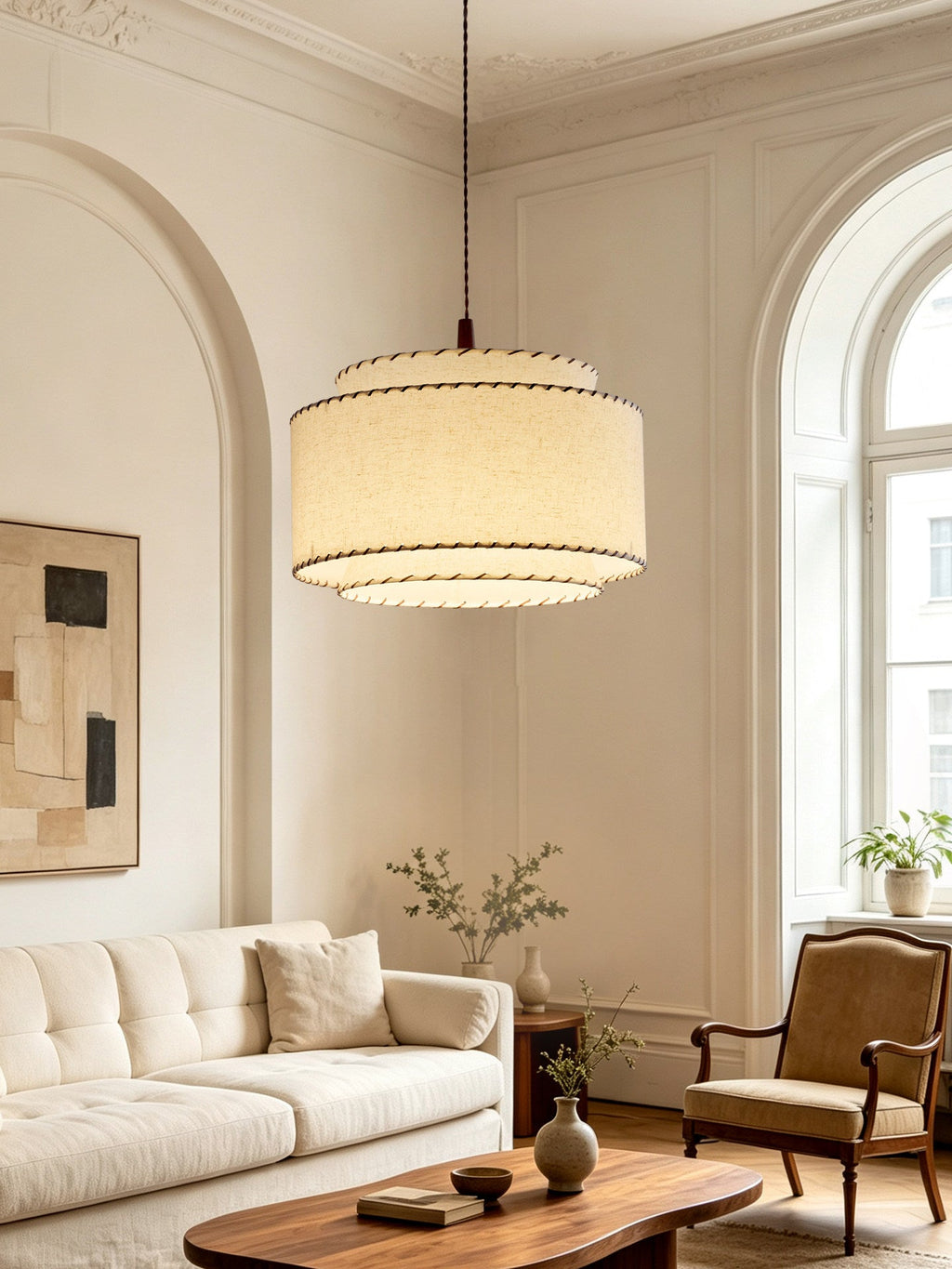 Tiered Linen Look Fabric Pendant Light Wood Canopy 15.7 in Set of 2