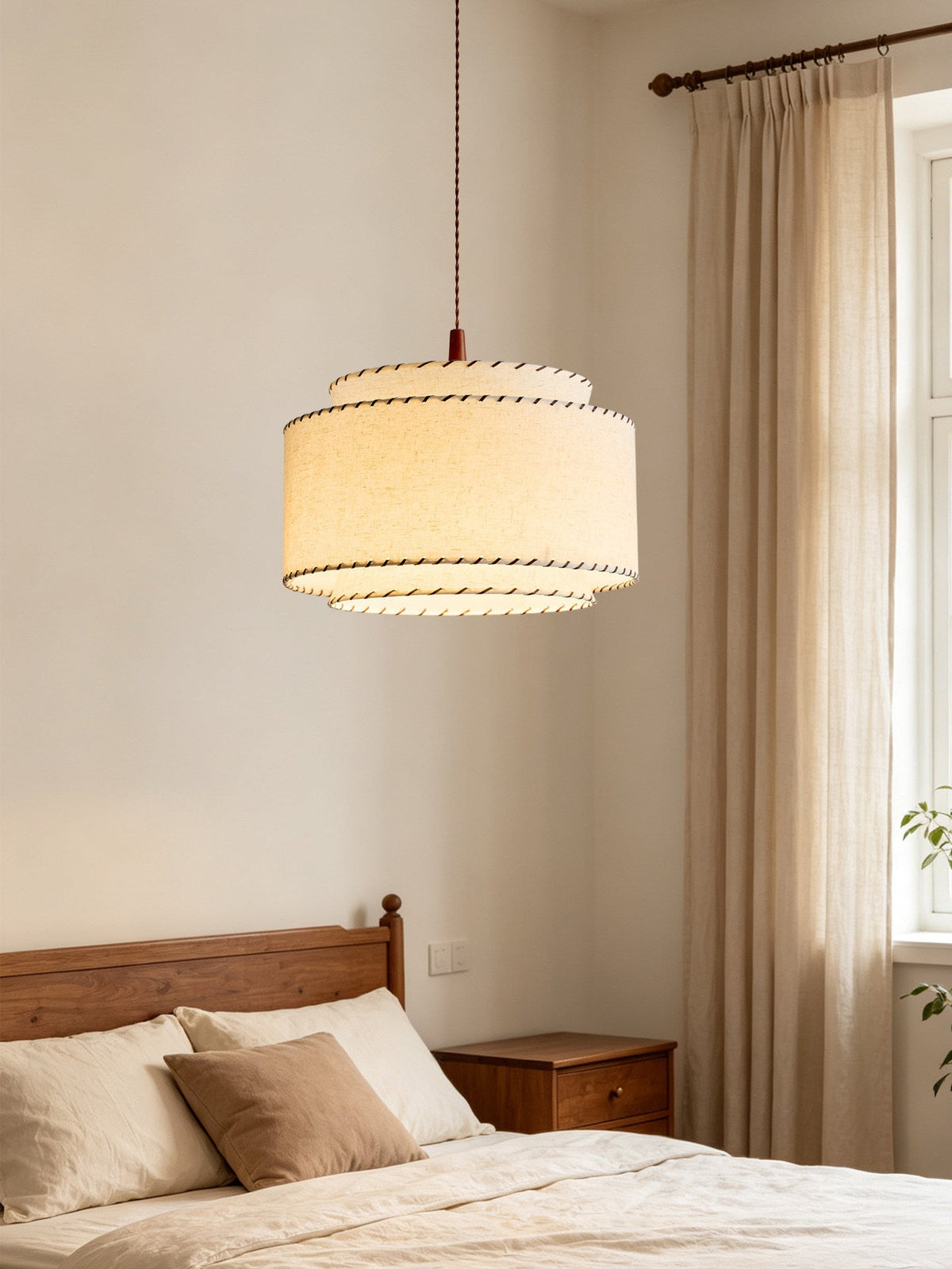 Tiered Linen Look Fabric Pendant Light Wood Canopy 15.7 in Set of 2