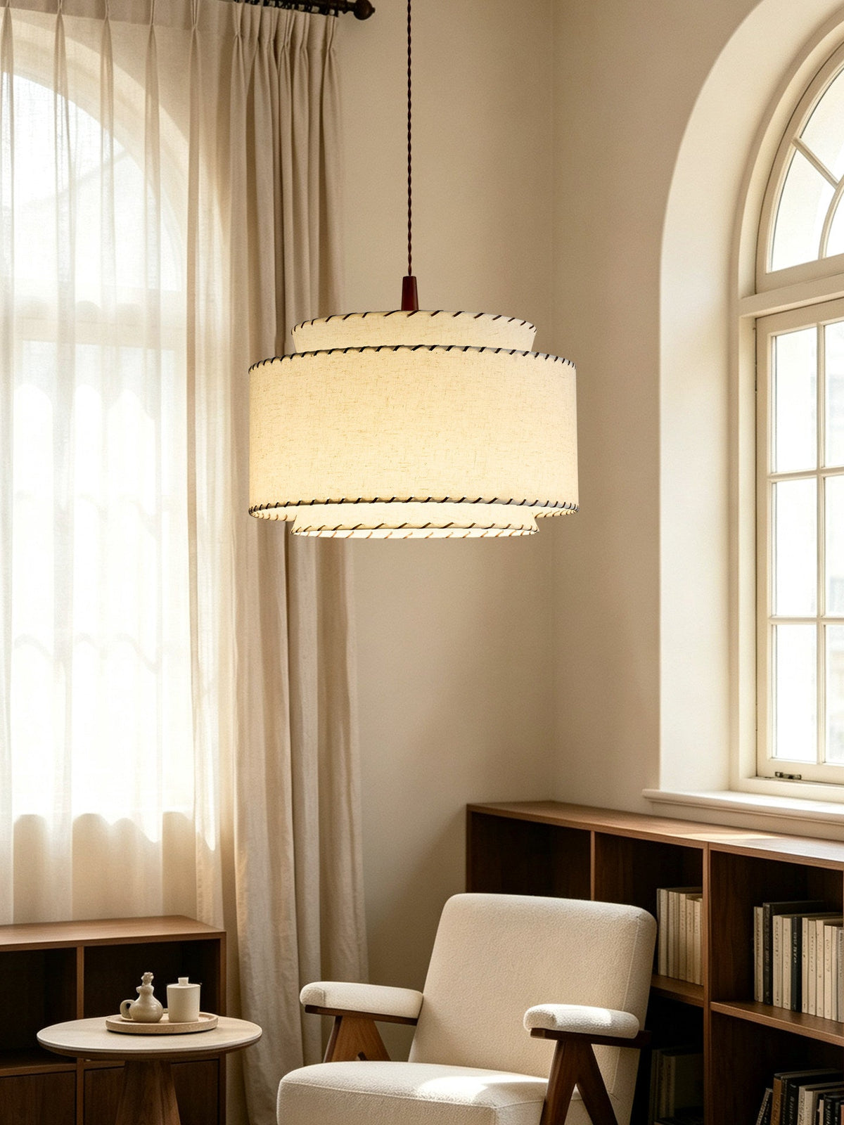 Tiered Linen Look Fabric Pendant Light Wood Canopy 15.7 in Set of 2