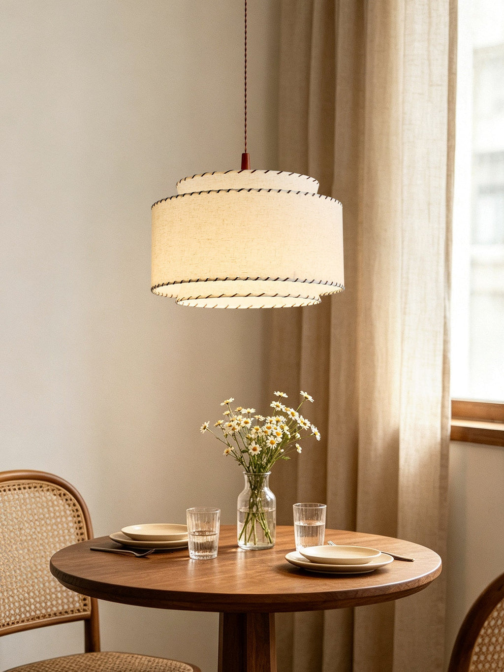 Tiered Linen Look Fabric Pendant Light Wood Canopy 15.7 in Set of 2