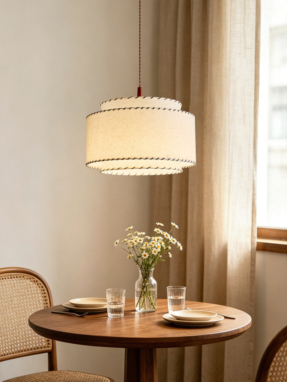 Tiered Linen Look Fabric Pendant Light Wood Canopy 15.7 in Set of 2