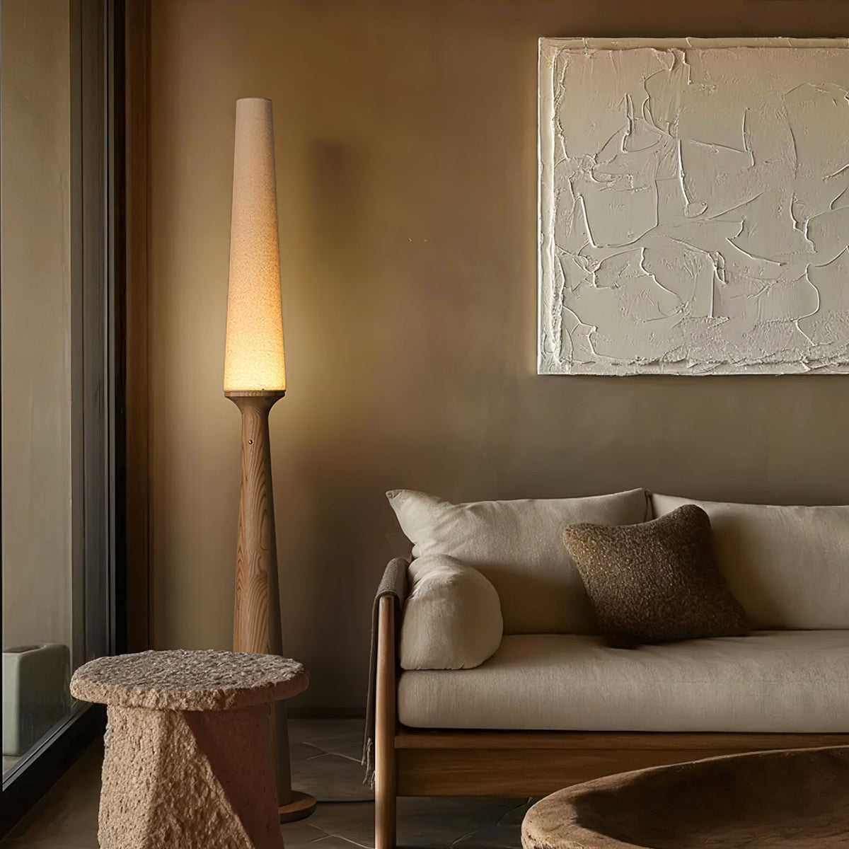 Totem Floor Lamp Solid Wood Base Fabric Shade 57.1 in