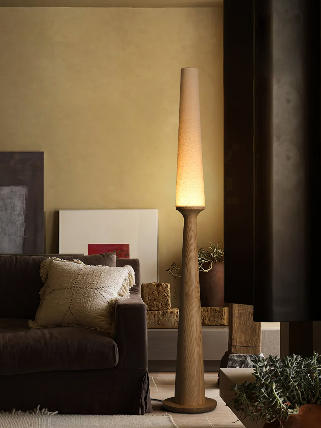 Totem Floor Lamp Solid Wood Base Fabric Shade 57.1 in