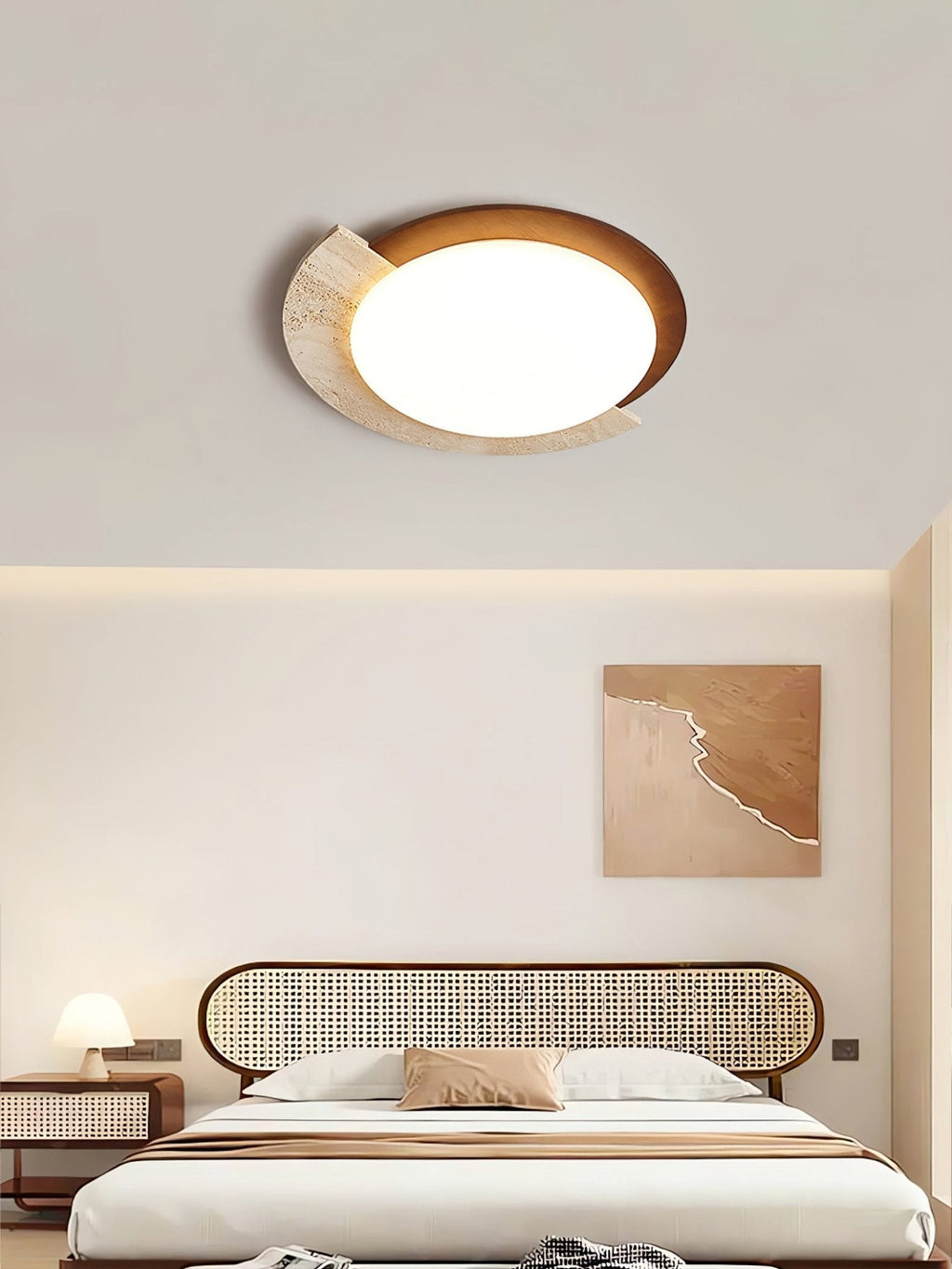 Travertine and Walnut Ceiling Light Crescent Ring 17.7 in Set of 2