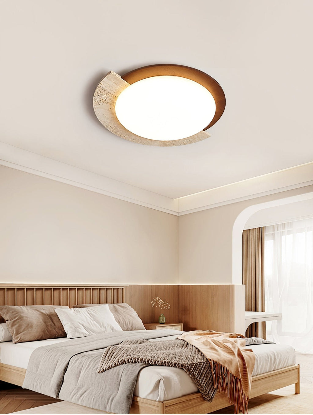 Travertine and Walnut Ceiling Light Crescent Ring 17.7 in Set of 2