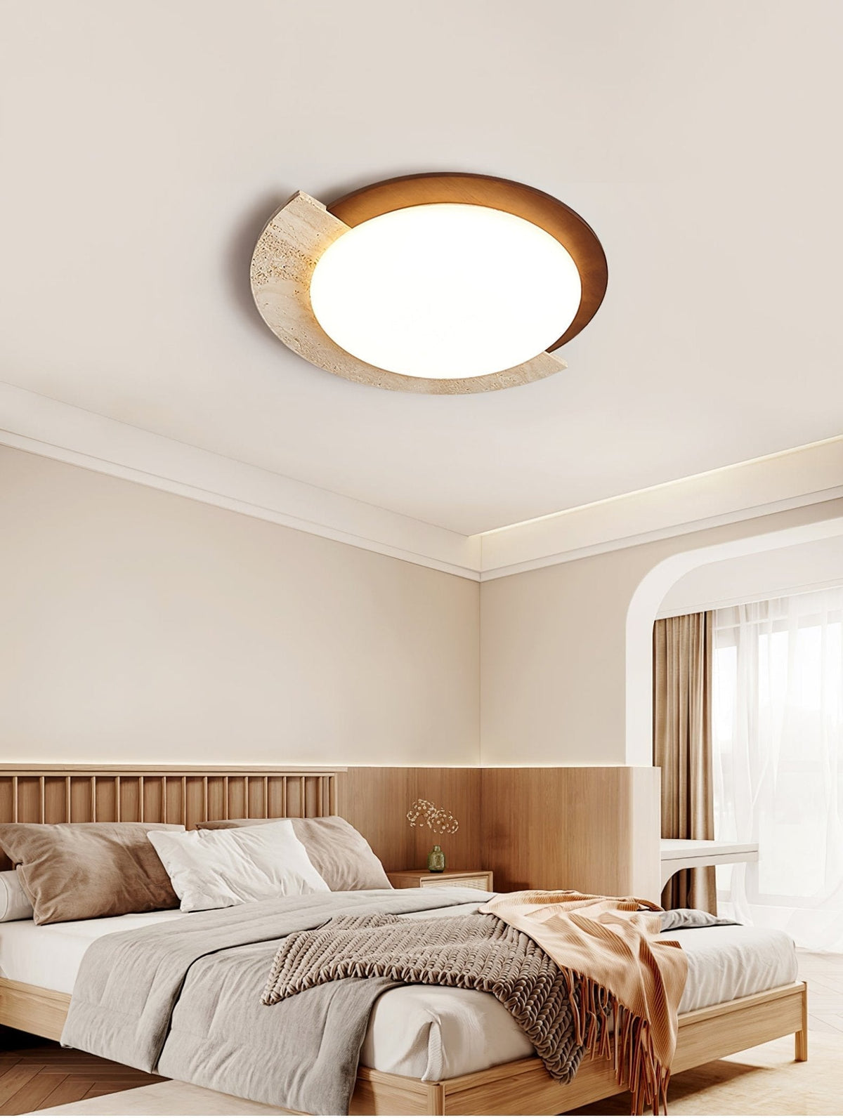 Travertine and Walnut Ceiling Light Crescent Ring 17.7 in Set of 2