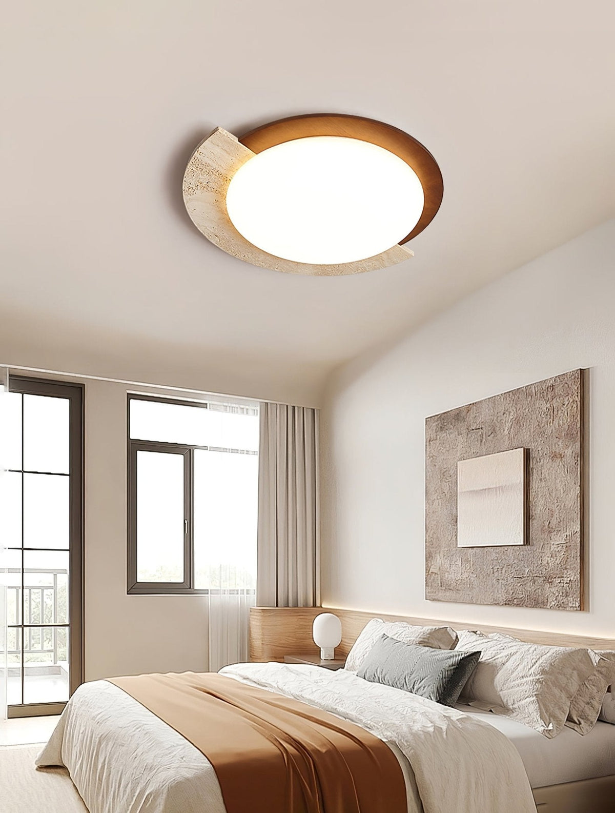 Travertine and Walnut Ceiling Light Crescent Ring 17.7 in Set of 2