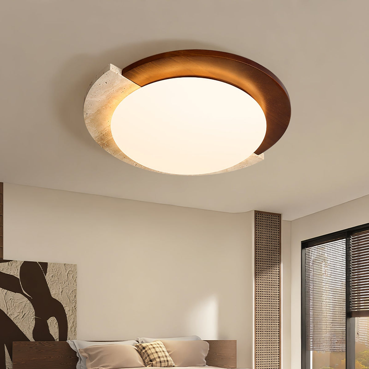 Travertine and Walnut Ceiling Light Crescent Ring 17.7 in Set of 2