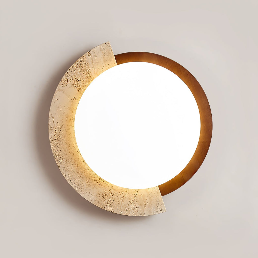Travertine and Walnut Ceiling Light Crescent Ring 17.7 in Set of 2