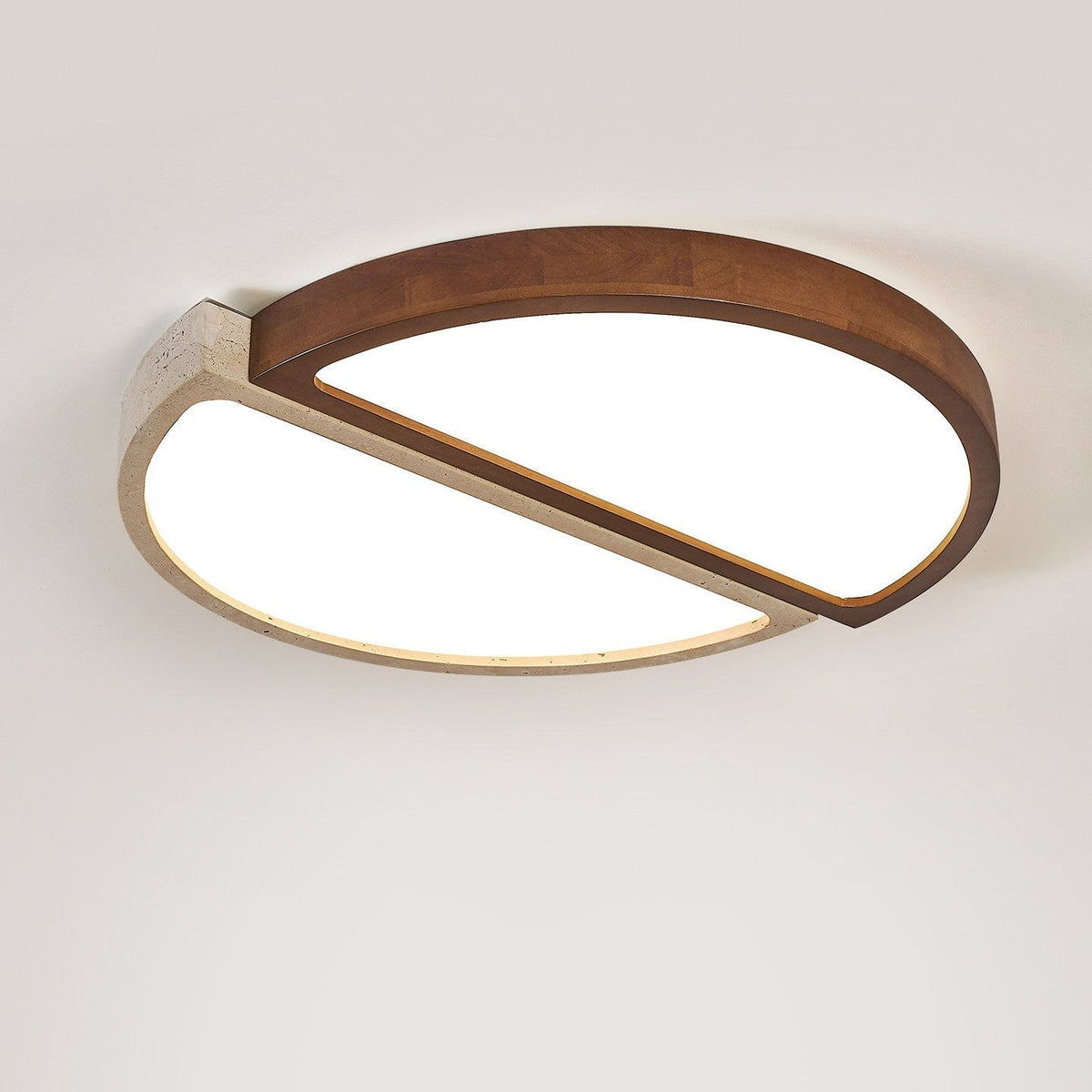 Travertine and Walnut LED Flush Ceiling Light Split Circle 19 in