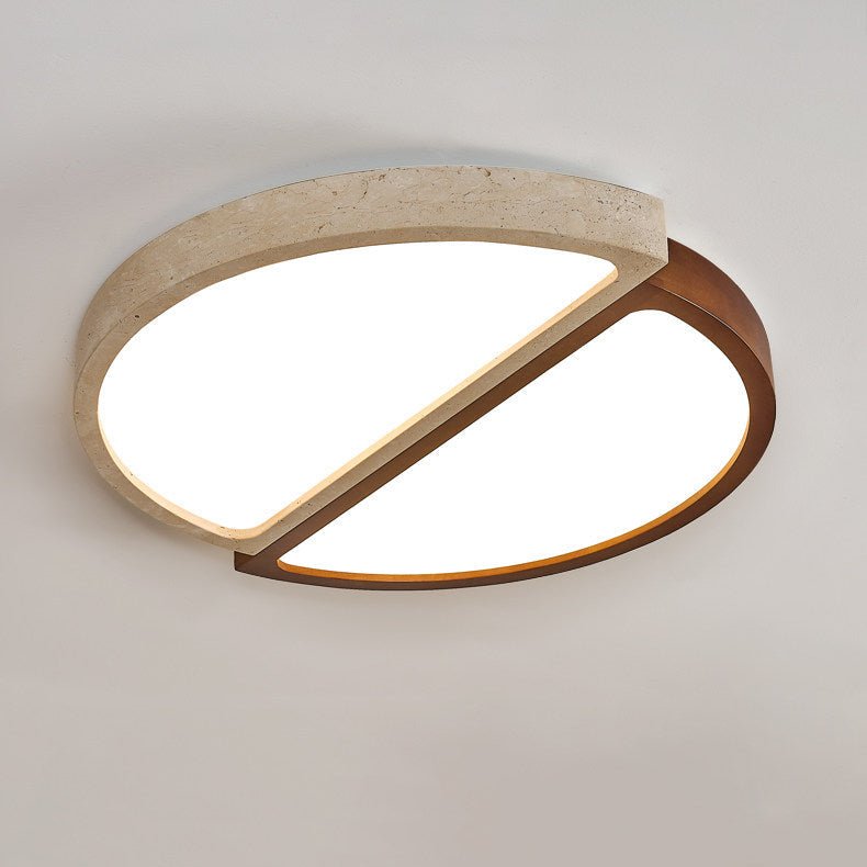 Travertine and Walnut LED Flush Ceiling Light Split Circle 19 in