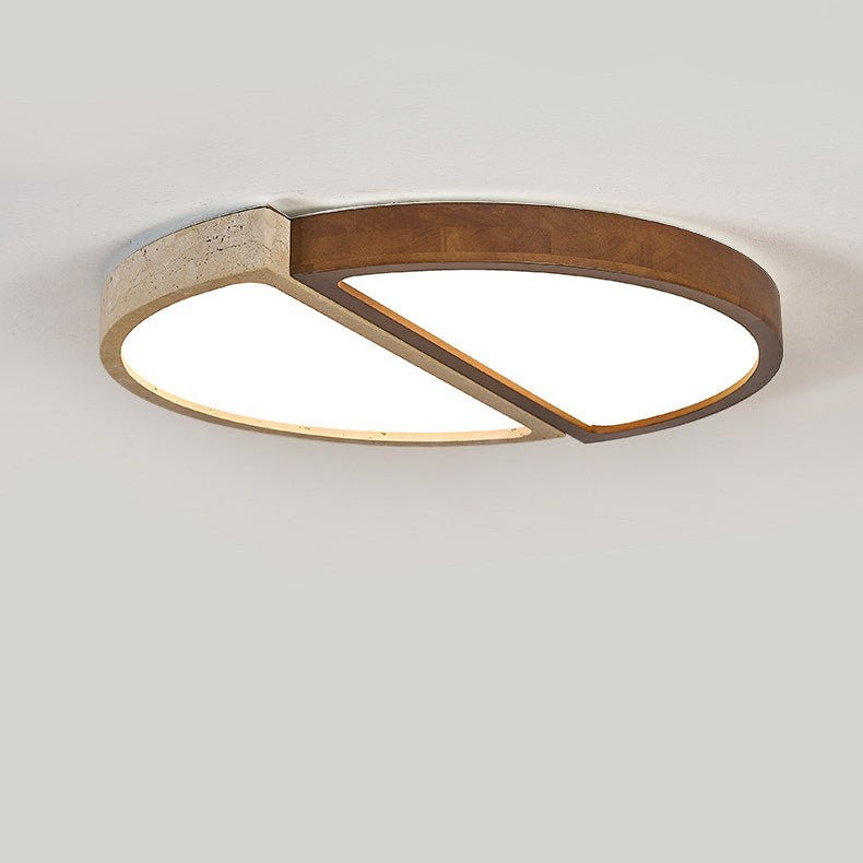 Travertine and Walnut LED Flush Ceiling Light Split Circle 19 in