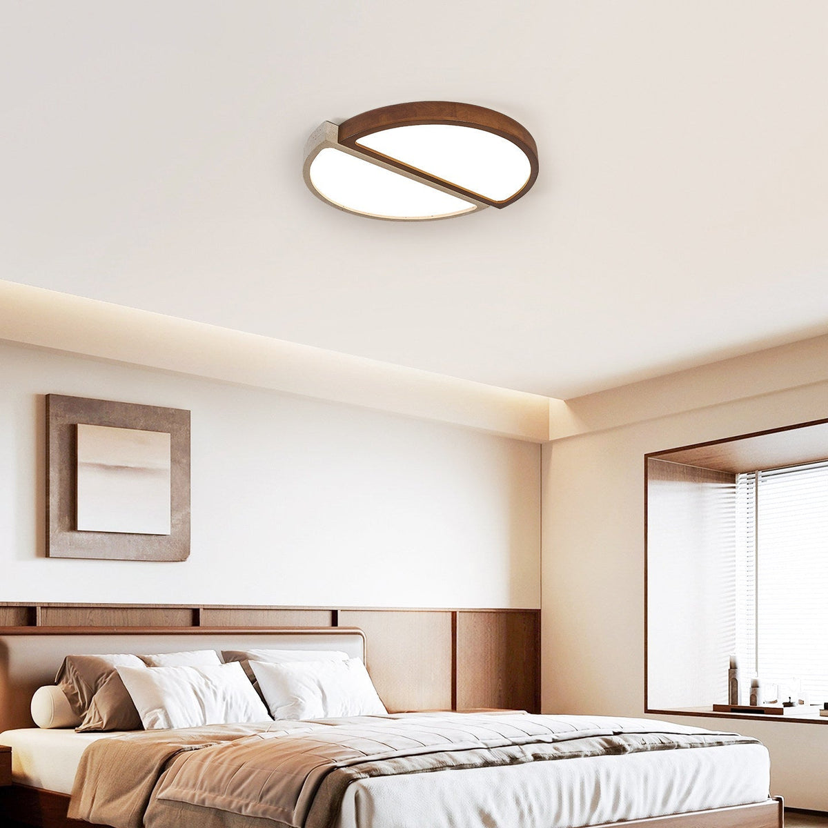 Travertine and Walnut LED Flush Ceiling Light Split Circle 19 in