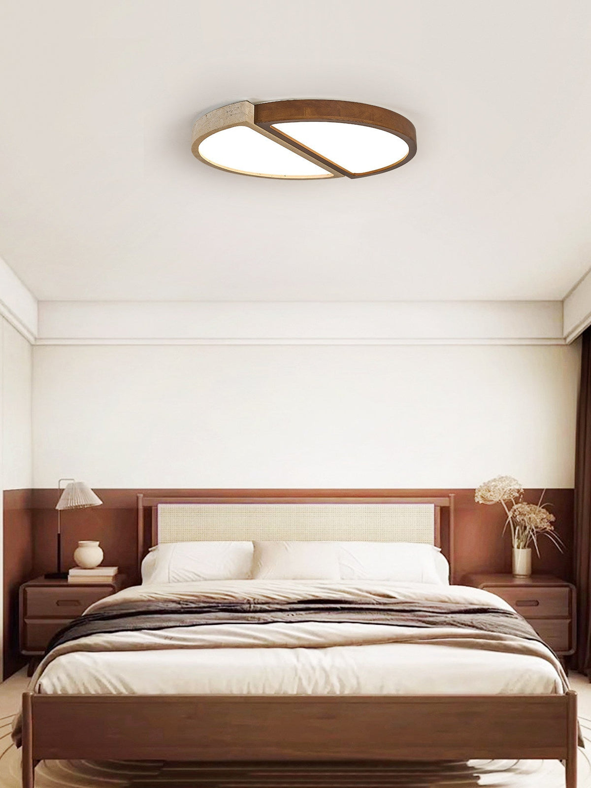 Travertine and Walnut LED Flush Ceiling Light Split Circle 19 in