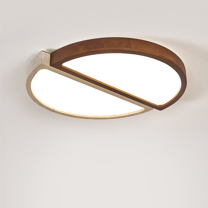 Travertine and Walnut LED Flush Ceiling Light Split Circle 19 in