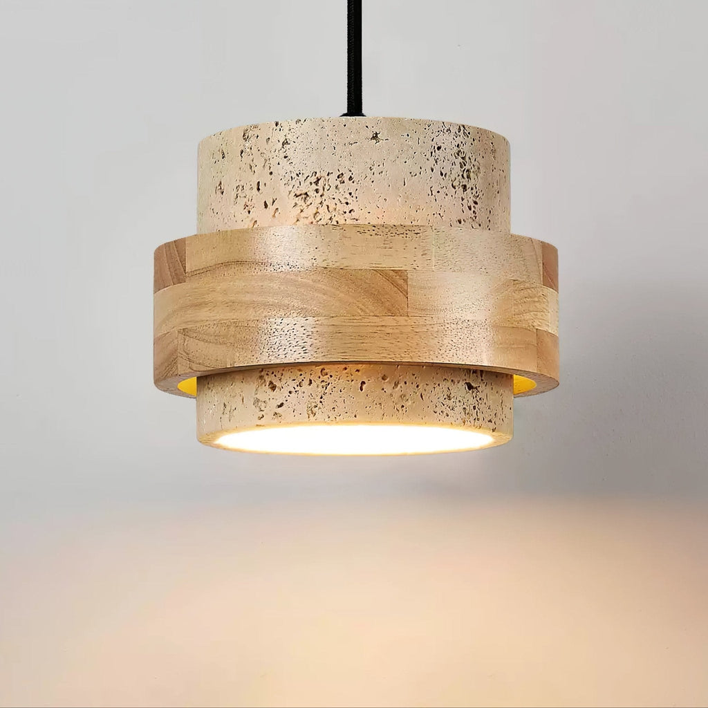 Travertine and Wood Cylinder Mini Pendant Light 6.7 in