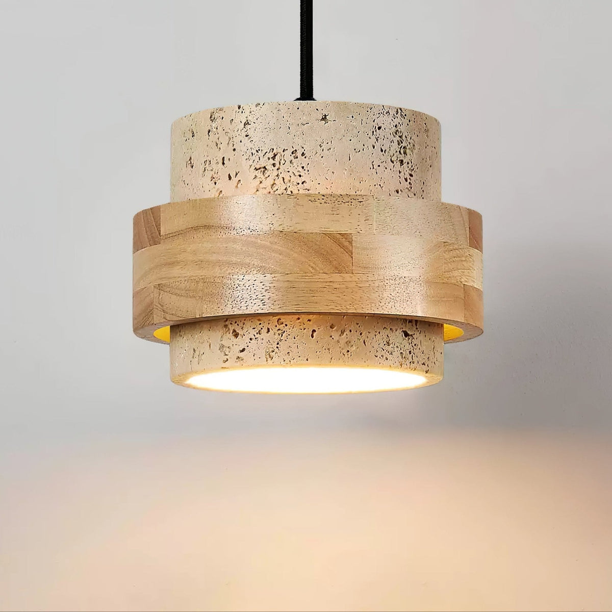 Travertine and Wood Cylinder Mini Pendant Light 6.7 in