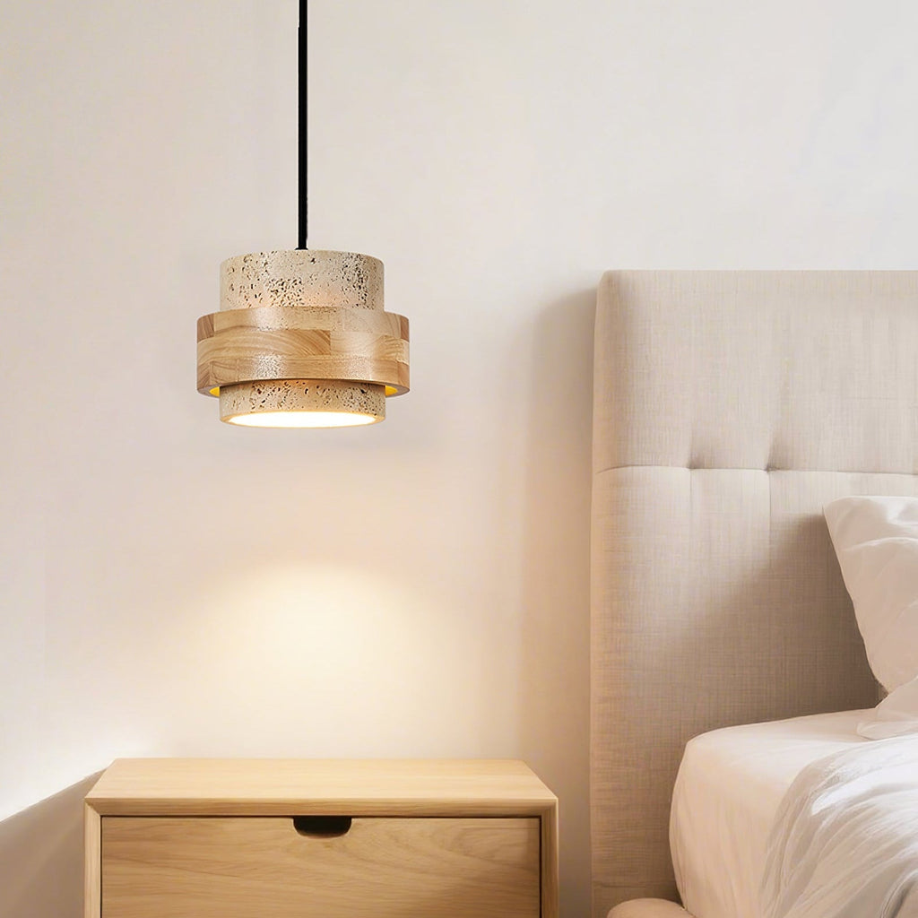 Travertine and Wood Cylinder Mini Pendant Light 6.7 in