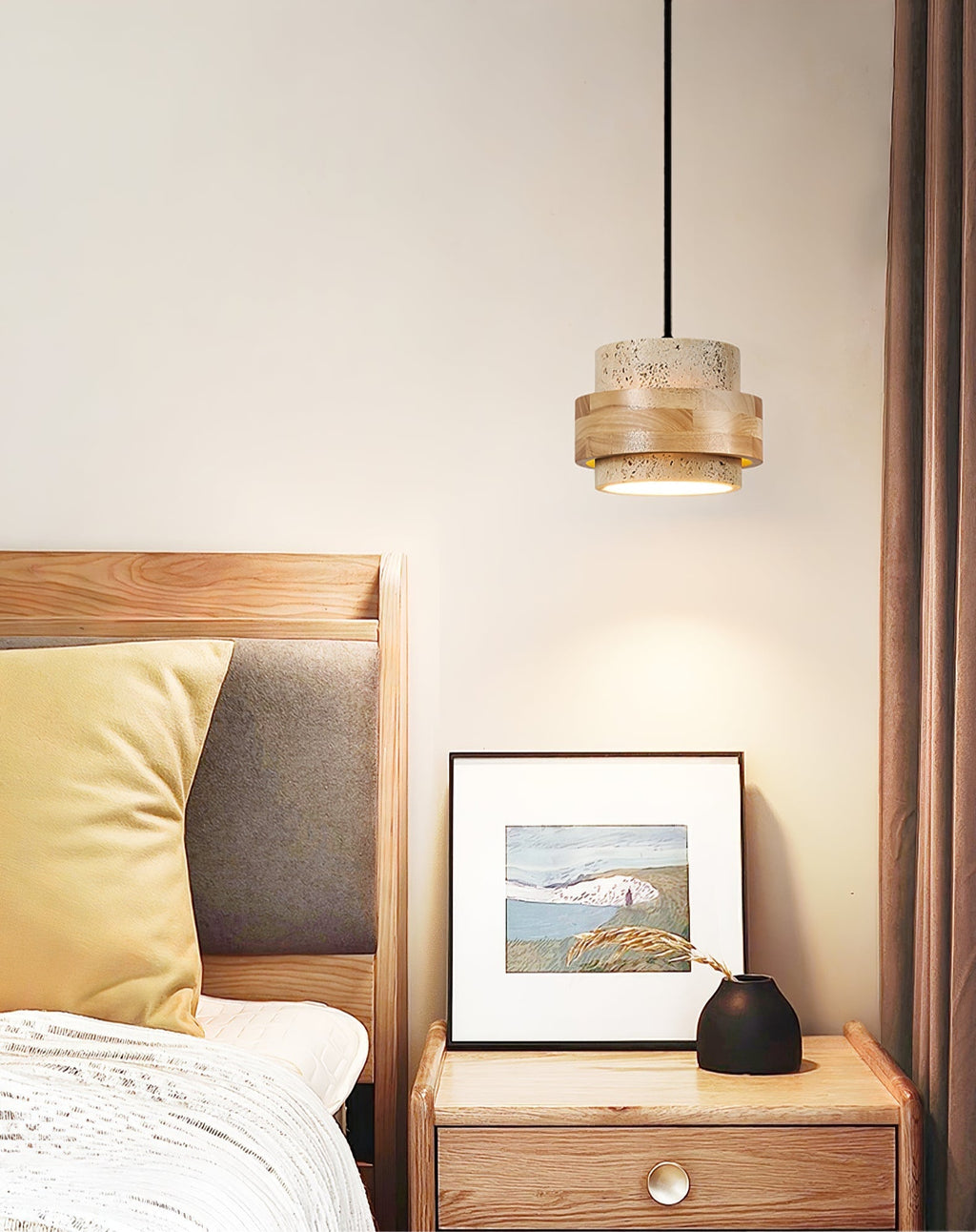Travertine and Wood Cylinder Mini Pendant Light 6.7 in