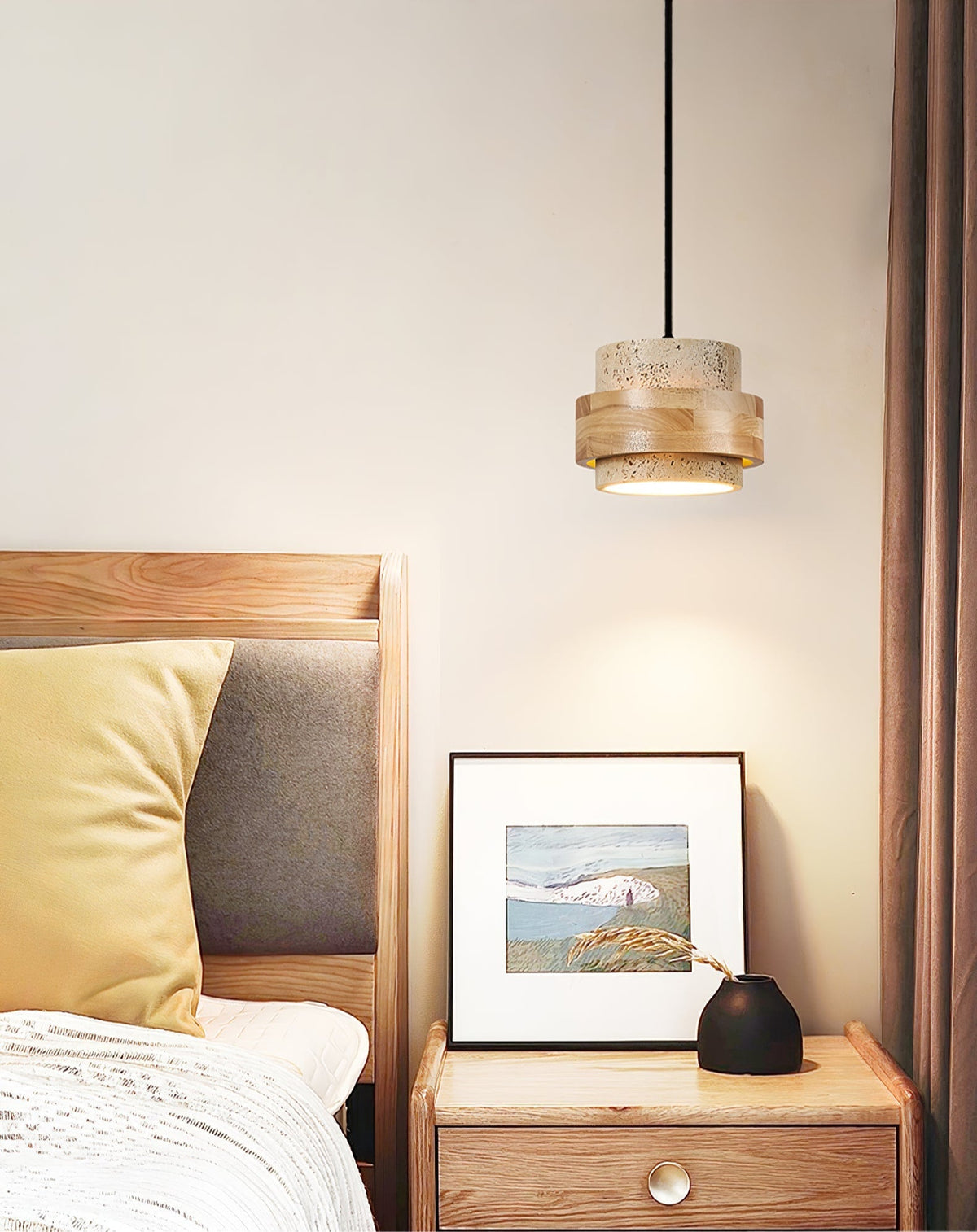 Travertine and Wood Cylinder Mini Pendant Light 6.7 in