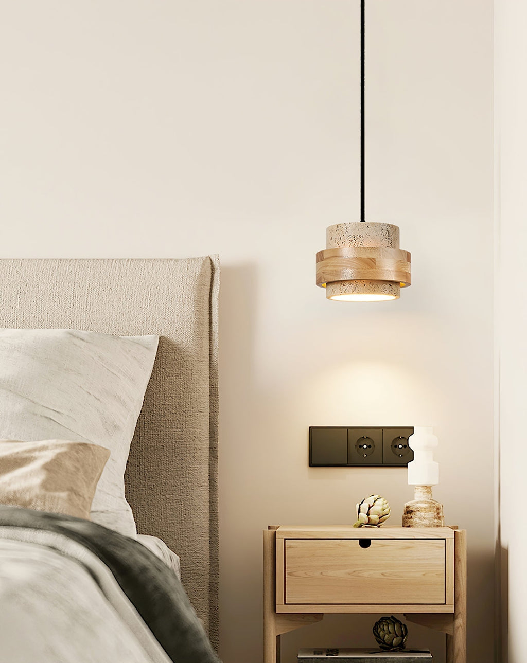 Travertine and Wood Cylinder Mini Pendant Light 6.7 in