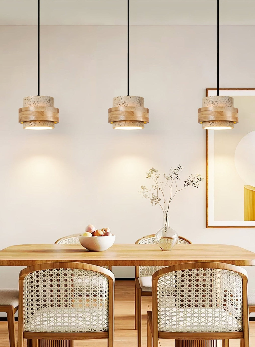 Travertine and Wood Cylinder Mini Pendant Light 6.7 in