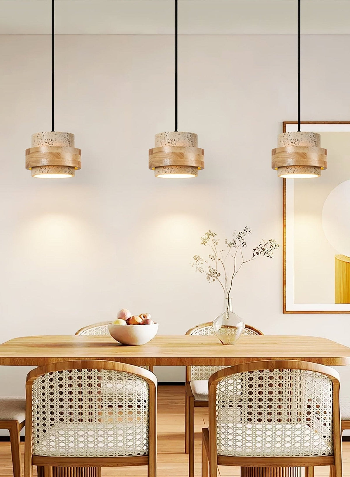 Travertine and Wood Cylinder Mini Pendant Light 6.7 in