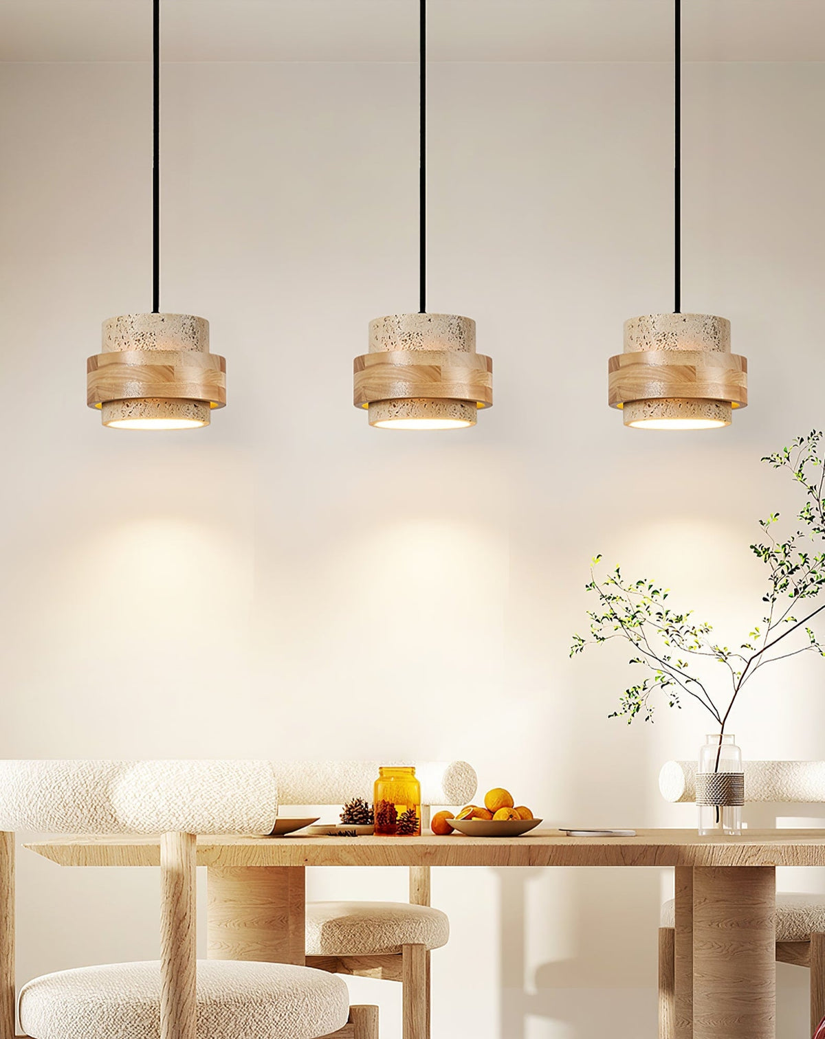 Travertine and Wood Cylinder Mini Pendant Light 6.7 in