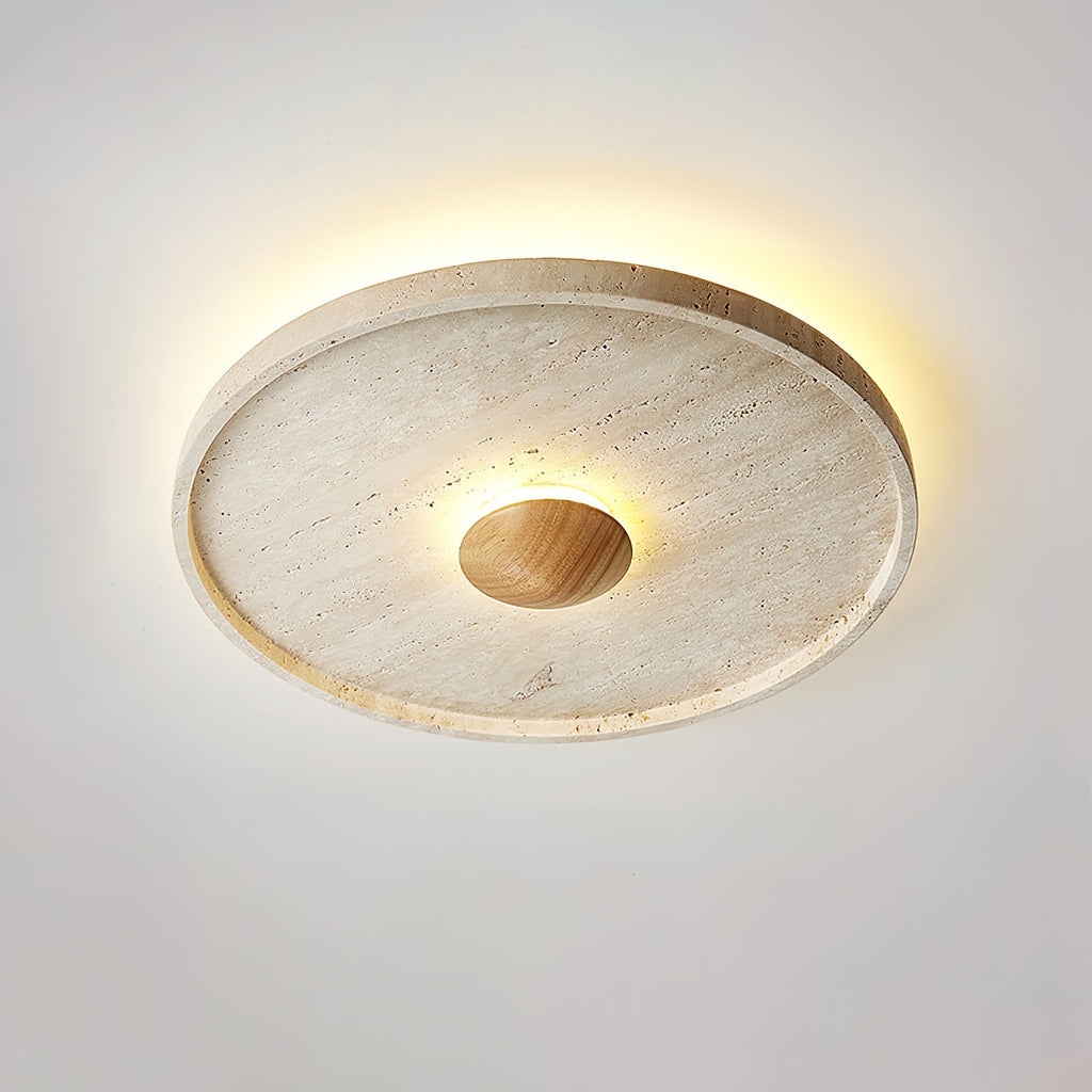 Travertine and Wood Round Ceiling Light Flush Mount 16.5 in Set of 2