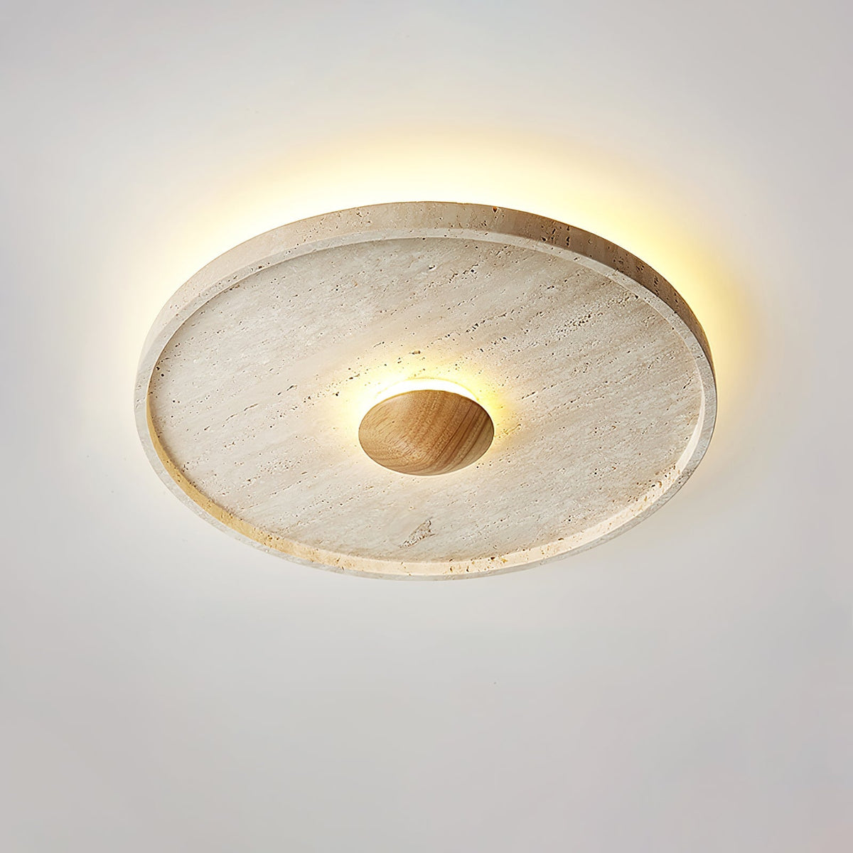 Travertine and Wood Round Ceiling Light Flush Mount 16.5 in Set of 2