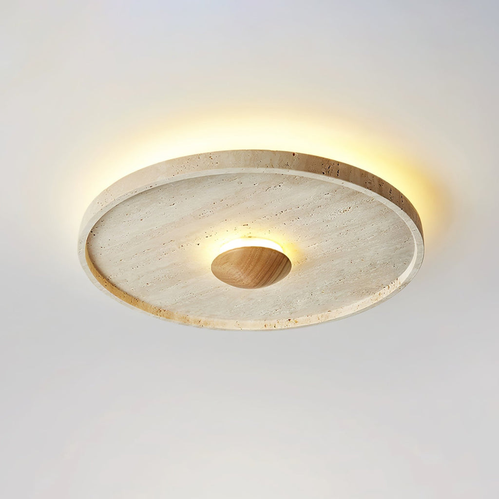 Travertine and Wood Round Ceiling Light Flush Mount 16.5 in Set of 2