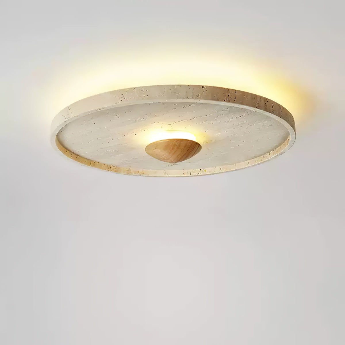 Travertine and Wood Round Ceiling Light Flush Mount 16.5 in Set of 2
