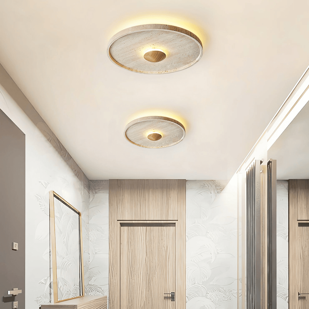 Travertine and Wood Round Ceiling Light Flush Mount 16.5 in Set of 2
