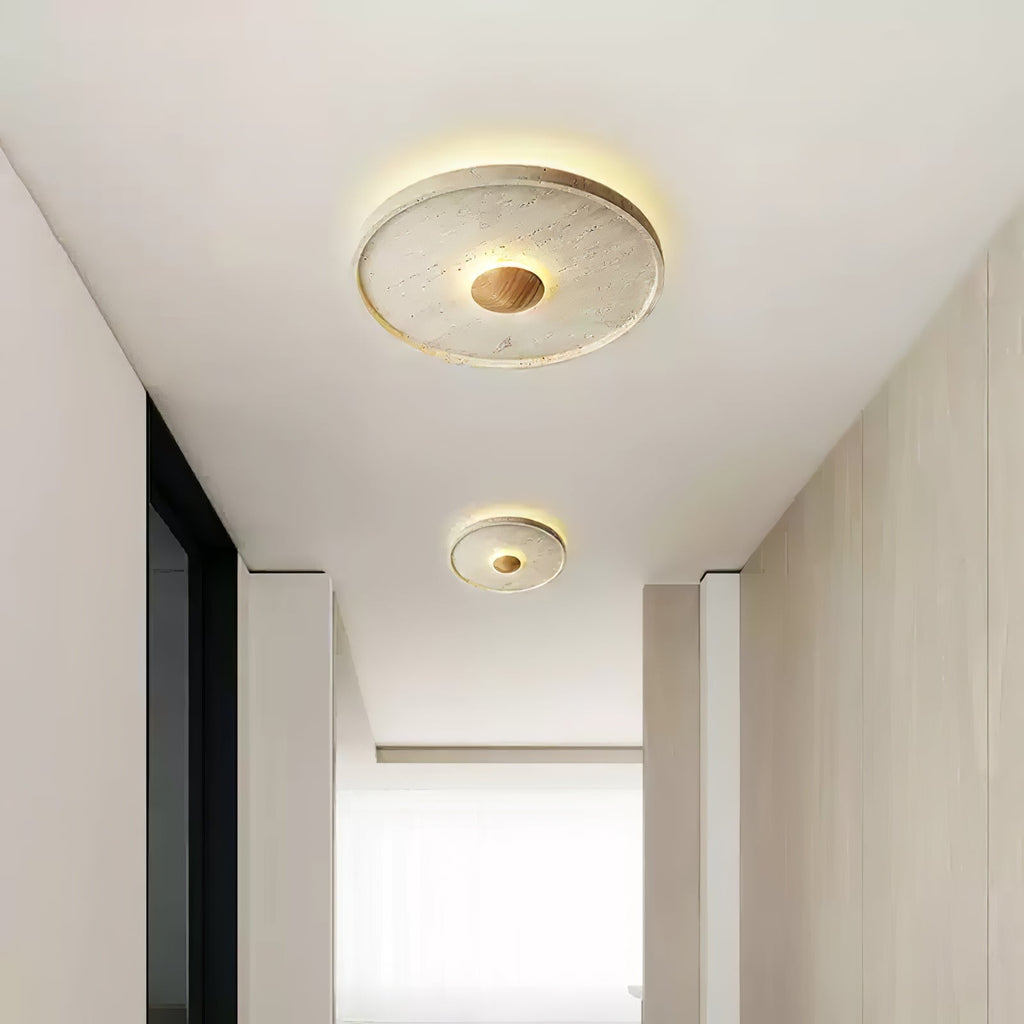 Travertine and Wood Round Ceiling Light Flush Mount 16.5 in Set of 2