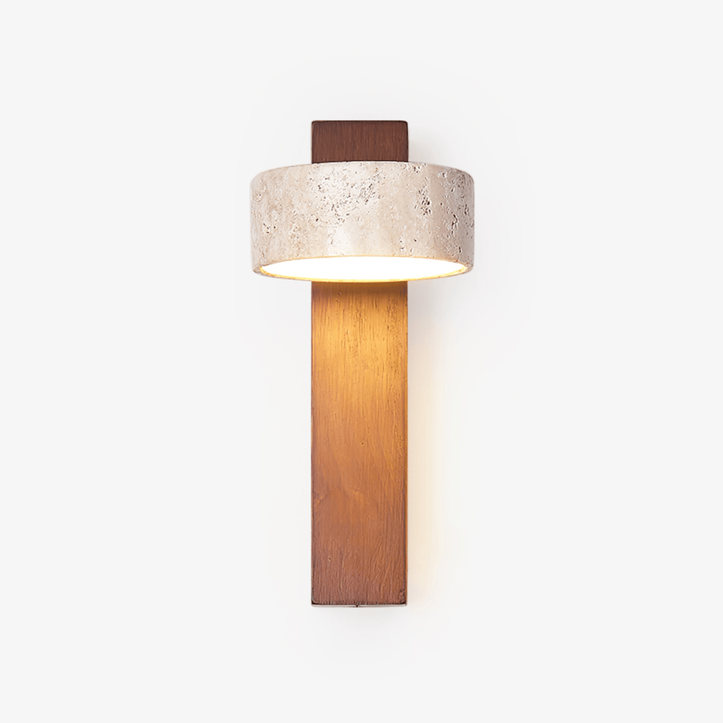 Travertine and Wood Wall Lamp Round Stone Head 9.1 in Set of 3