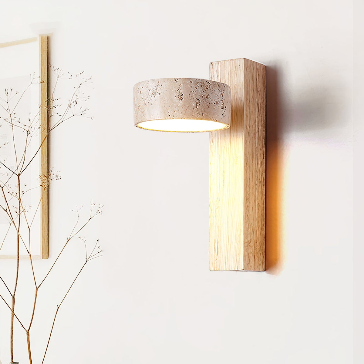 Travertine and Wood Wall Lamp Round Stone Head 9.1 in Set of 3