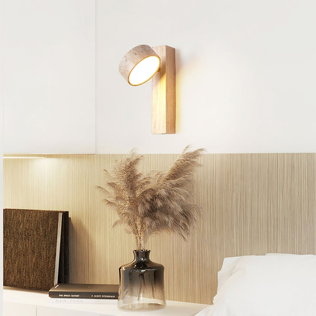 Travertine and Wood Wall Lamp Round Stone Head 9.1 in Set of 3