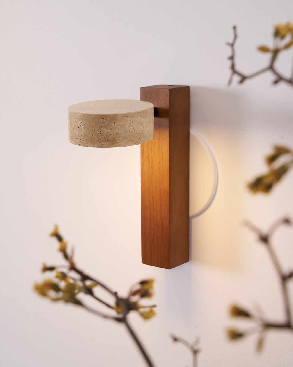 Travertine and Wood Wall Lamp Round Stone Head 9.1 in Set of 3