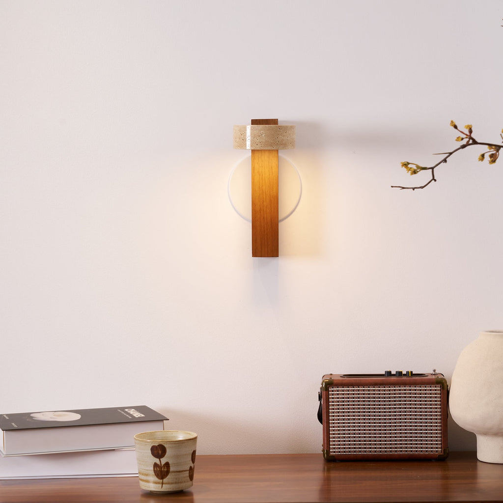 Travertine and Wood Wall Lamp Round Stone Head 9.1 in Set of 3