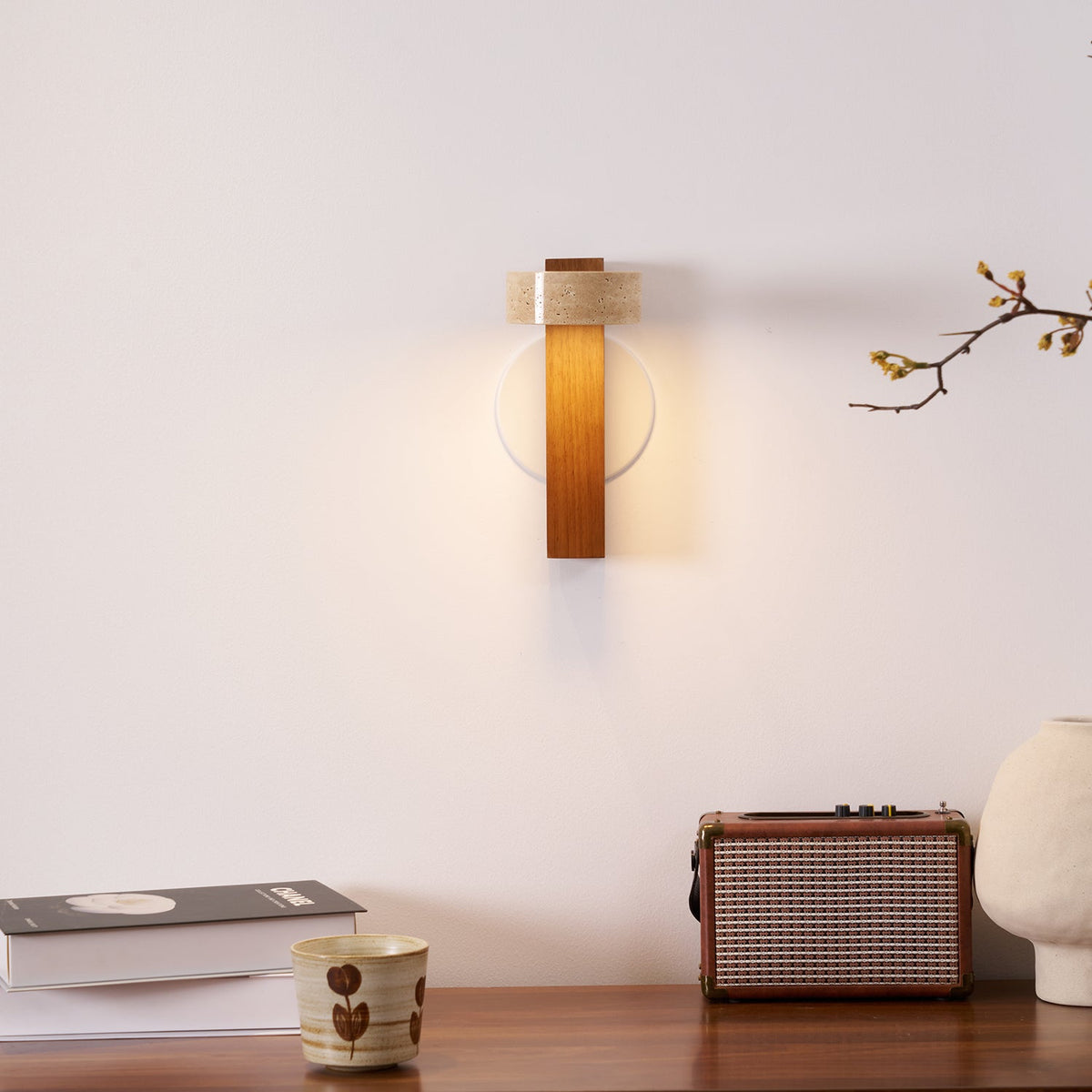Travertine and Wood Wall Lamp Round Stone Head 9.1 in Set of 3